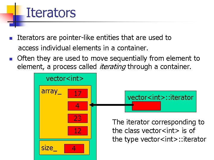 Iterators are pointer-like entities that are used to access individual elements in a container.
