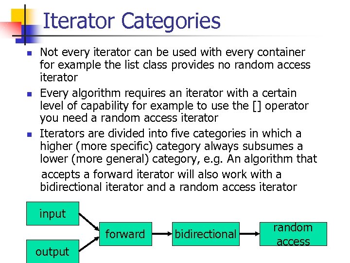 Iterator Categories Not every iterator can be used with every container for example the
