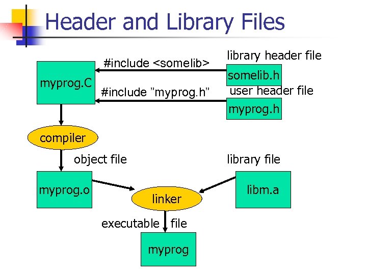 Header and Library Files #include <somelib> myprog. C #include ”myprog. h” library header file