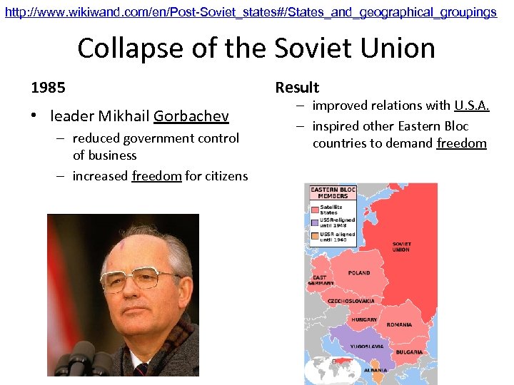 http: //www. wikiwand. com/en/Post-Soviet_states#/States_and_geographical_groupings Collapse of the Soviet Union 1985 • leader Mikhail Gorbachev