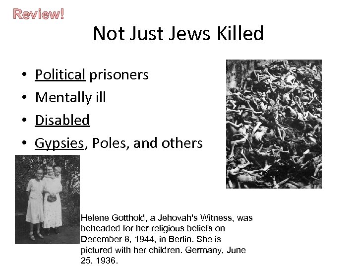 Review! • • Not Just Jews Killed Political prisoners Mentally ill Disabled Gypsies, Poles,