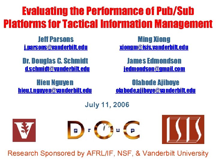 Evaluating the Performance of Pub/Sub Platforms for Tactical Information Management Jeff Parsons Ming Xiong