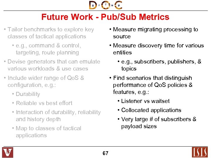 Future Work - Pub/Sub Metrics • Tailor benchmarks to explore key classes of tactical