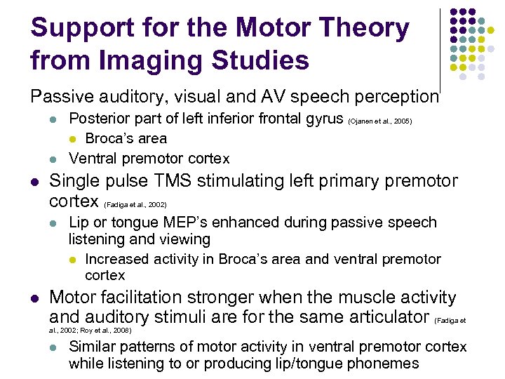 Support for the Motor Theory from Imaging Studies Passive auditory, visual and AV speech