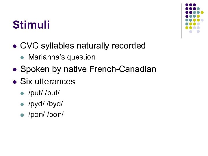 Stimuli l CVC syllables naturally recorded l l l Marianna’s question Spoken by native