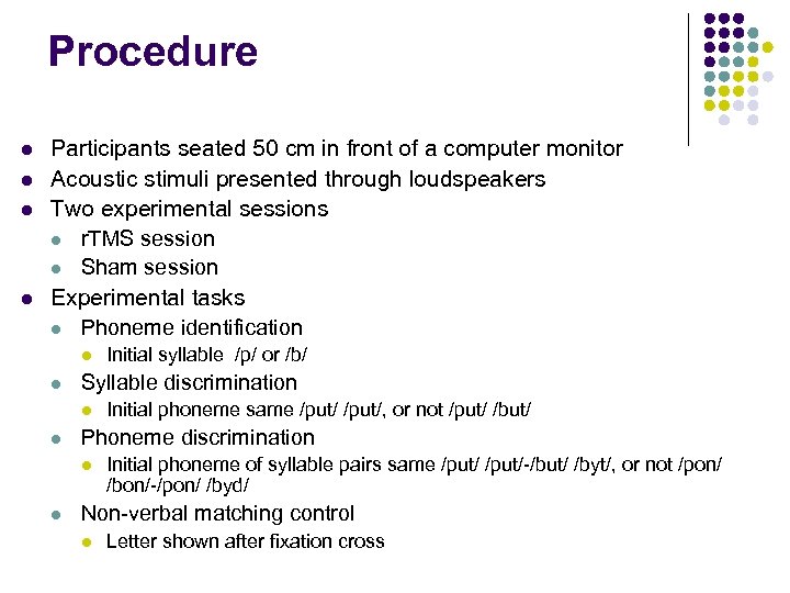 Procedure l l Participants seated 50 cm in front of a computer monitor Acoustic