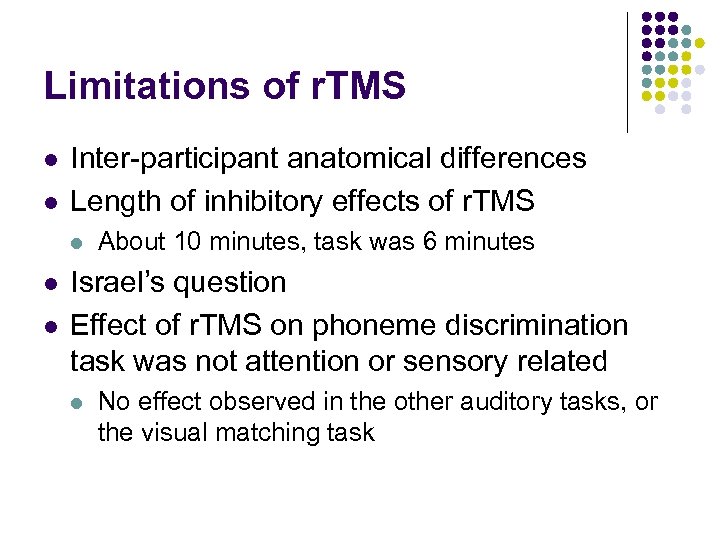 Limitations of r. TMS l l Inter-participant anatomical differences Length of inhibitory effects of