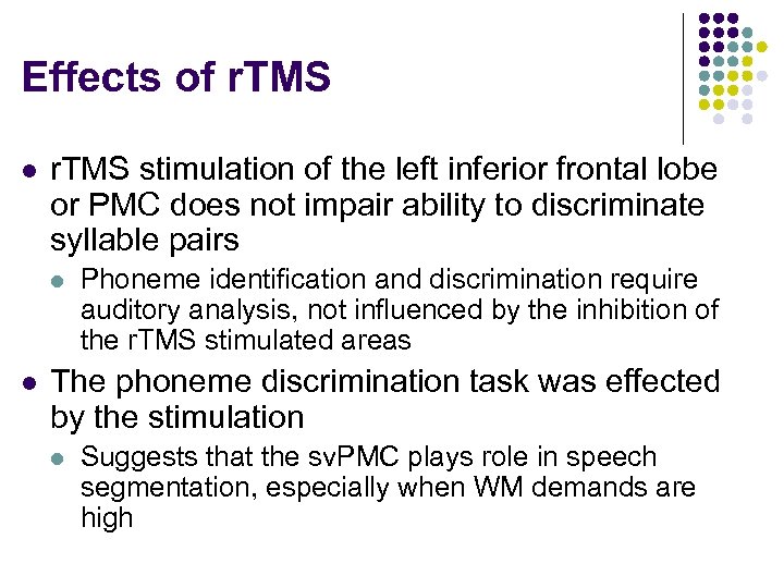 Effects of r. TMS l r. TMS stimulation of the left inferior frontal lobe