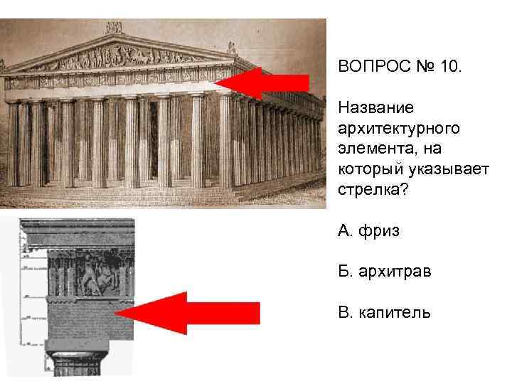 ВОПРОС № 10. Название архитектурного элемента, на который указывает стрелка? А. фриз Б. архитрав