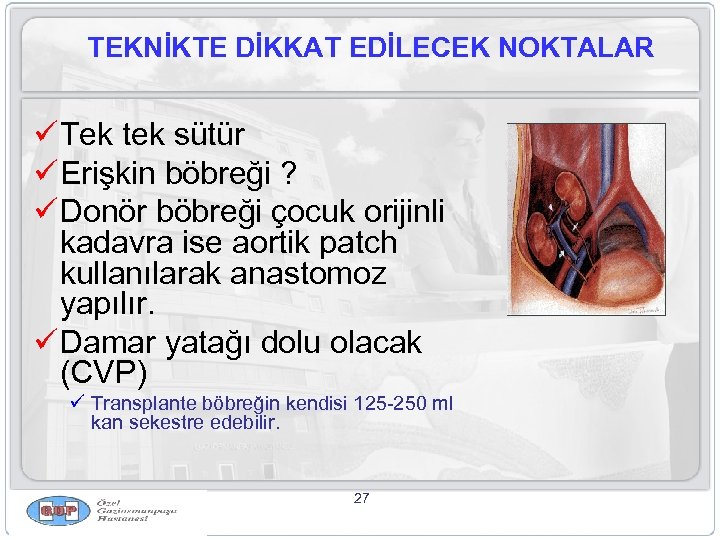 TEKNİKTE DİKKAT EDİLECEK NOKTALAR ü Tek tek sütür ü Erişkin böbreği ? ü Donör