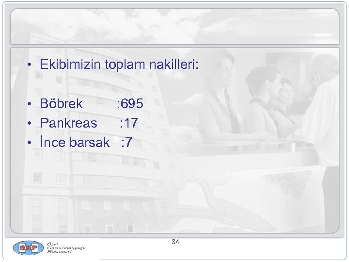  • Ekibimizin toplam nakilleri: • Böbrek : 695 • Pankreas : 17 •