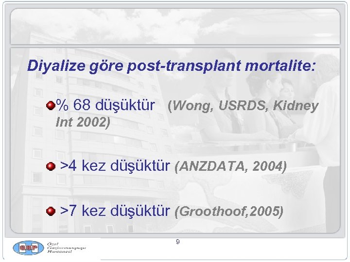 Diyalize göre post-transplant mortalite: % 68 düşüktür (Wong, USRDS, Kidney Int 2002) >4 kez