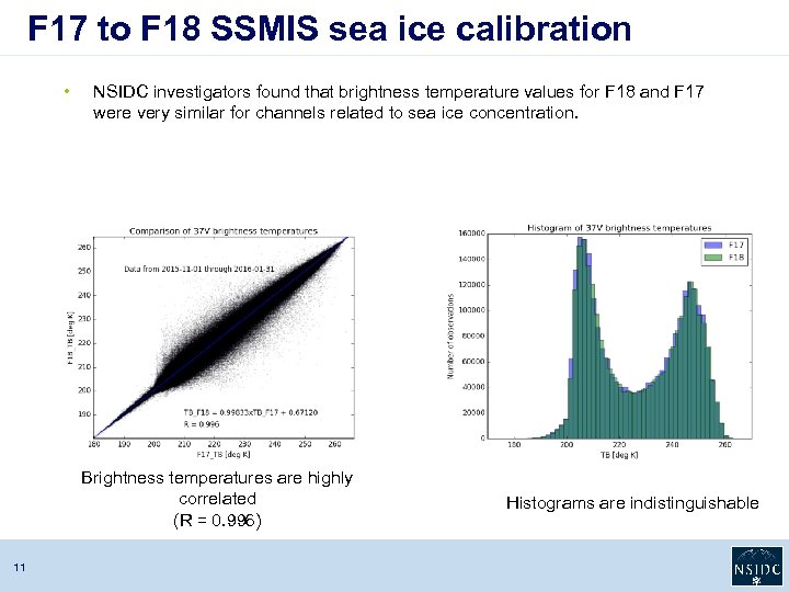 F 17 to F 18 SSMIS sea ice calibration • NSIDC investigators found that