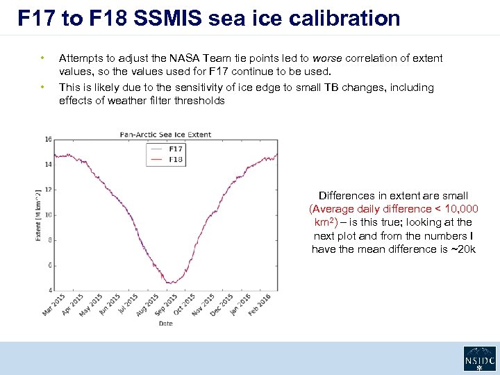 F 17 to F 18 SSMIS sea ice calibration • • Attempts to adjust