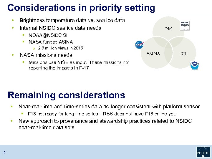 Considerations in priority setting • • Brightness temperature data vs. sea ice data Internal