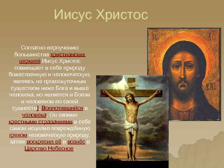 Иисус Христос Согласно вероучению большинства христианских церквей Иисус Христос совмещает в себе природу божественную