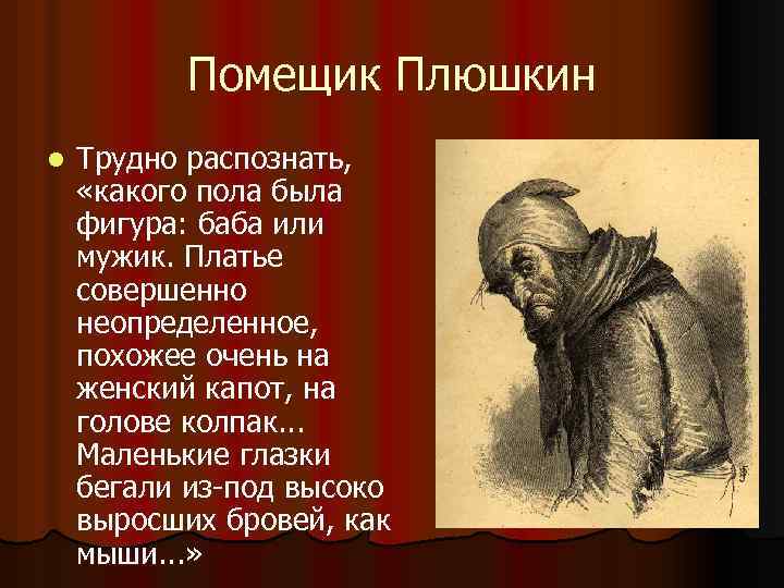 Помещик Плюшкин l Трудно распознать, «какого пола была фигура: баба или мужик. Платье совершенно