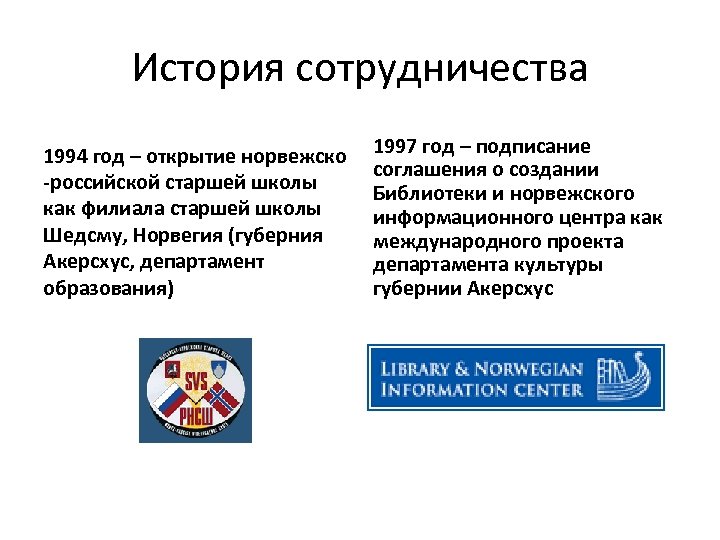 История сотрудничества 1994 год – открытие норвежско -российской старшей школы как филиала старшей школы
