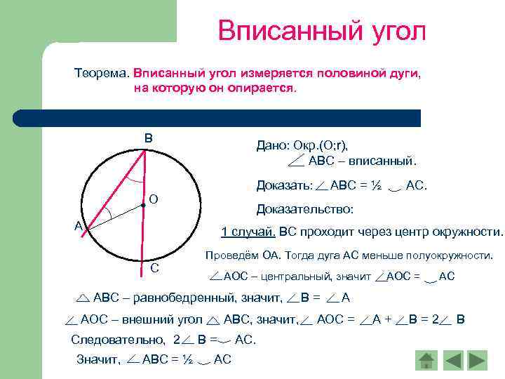 Вписанный угол Теорема. Вписанный угол измеряется половиной дуги, на которую он опирается. B Дано: