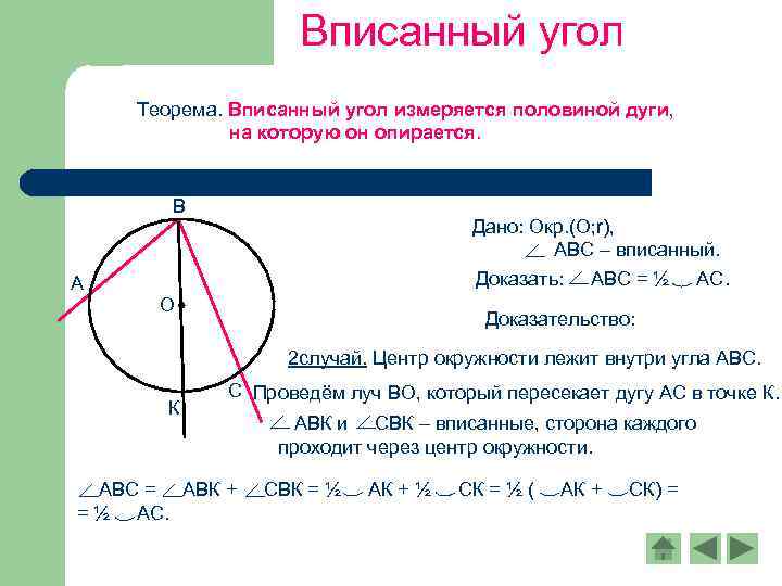 Вписанный угол Теорема. Вписанный угол измеряется половиной дуги, на которую он опирается. В А