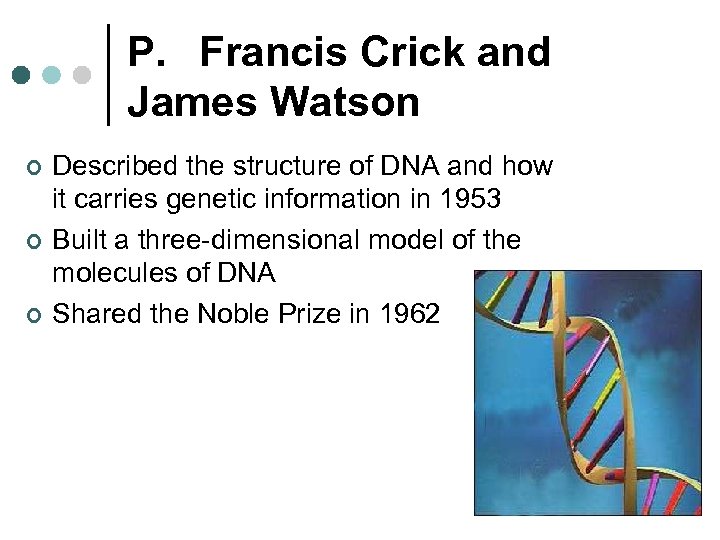 P. Francis Crick and James Watson ¢ ¢ ¢ Described the structure of DNA