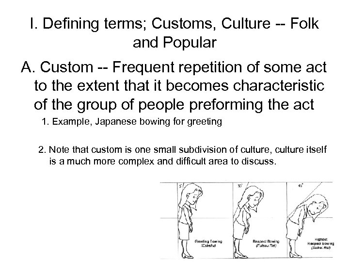I. Defining terms; Customs, Culture -- Folk and Popular A. Custom -- Frequent repetition