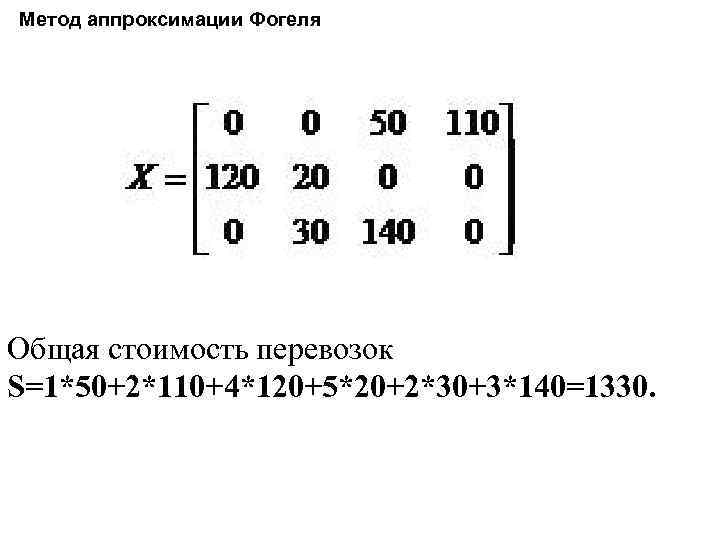 Метод аппроксимации Фогеля Общая стоимость перевозок S=1*50+2*110+4*120+5*20+2*30+3*140=1330. 