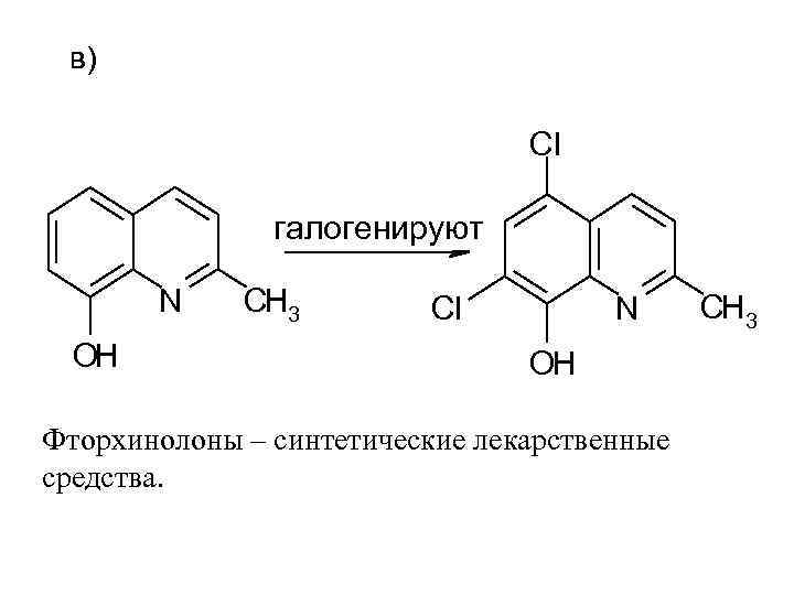 в) Cl галогенируют N OH CH 3 N Cl OH Фторхинолоны – синтетические лекарственные