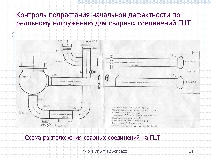Контроль подрастания начальной дефектности по реальному нагружению для сварных соединений ГЦТ. Схема расположения сварных