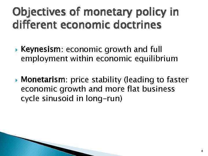 Objectives of monetary policy in different economic doctrines Keynesism: economic growth and full employment