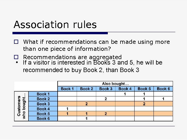 Association rules o What if recommendations can be made using more than one piece