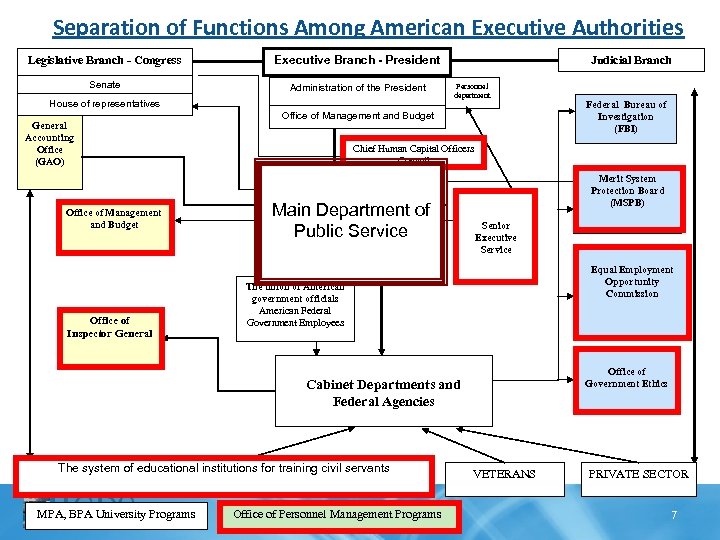 Separation of Functions Among American Executive Authorities Legislative Branch - Congress Executive Branch -