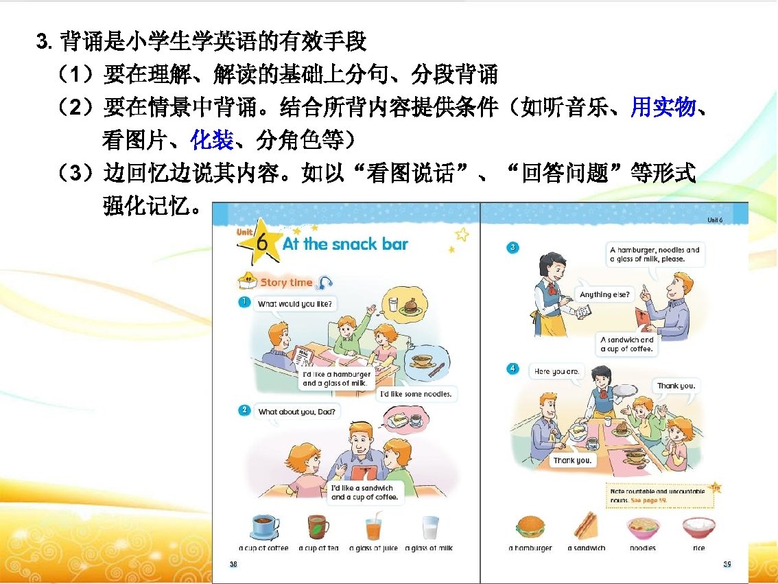3. 背诵是小学生学英语的有效手段 （1）要在理解、解读的基础上分句、分段背诵 （2）要在情景中背诵。结合所背内容提供条件（如听音乐、用实物、 看图片、化装、分角色等） （3）边回忆边说其内容。如以“看图说话”、“回答问题”等形式 强化记忆。 