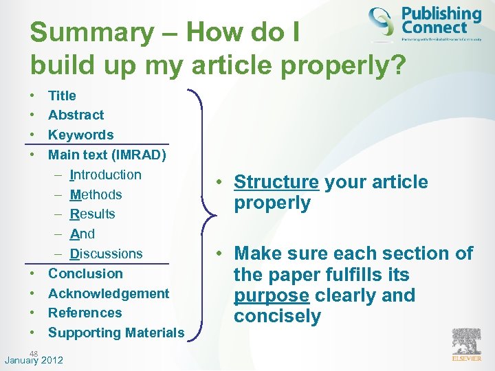 Summary – How do I build up my article properly? • • 48 Title
