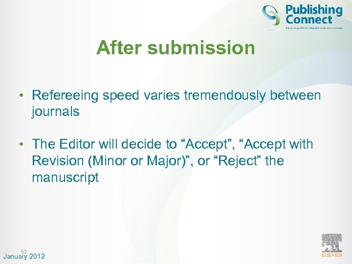 After submission • Refereeing speed varies tremendously between journals • The Editor will decide