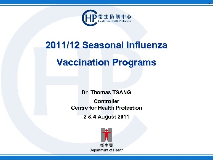 1 2011/12 Seasonal Influenza Vaccination Programs Dr. Thomas TSANG Controller Centre for Health Protection