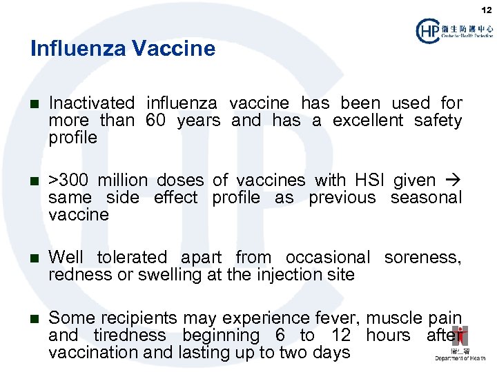 12 Influenza Vaccine n Inactivated influenza vaccine has been used for more than 60