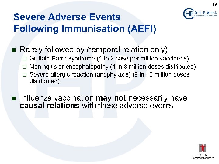 13 Severe Adverse Events Following Immunisation (AEFI) n Rarely followed by (temporal relation only)