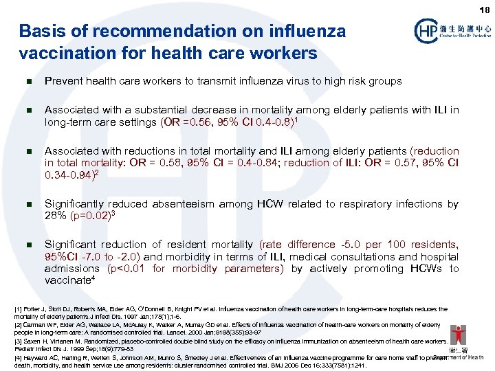18 Basis of recommendation on influenza vaccination for health care workers n Prevent health
