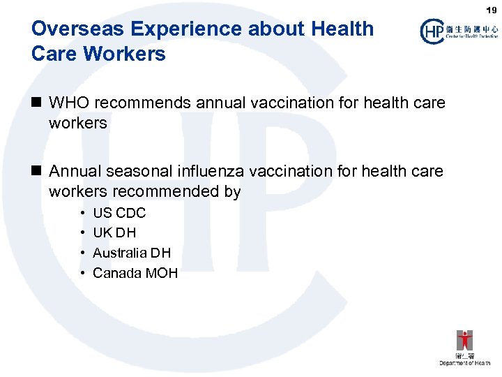 19 Overseas Experience about Health Care Workers n WHO recommends annual vaccination for health