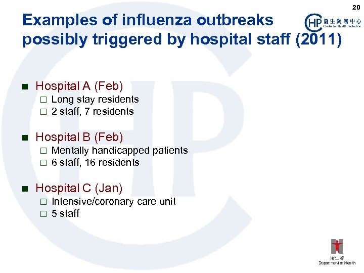 Examples of influenza outbreaks possibly triggered by hospital staff (2011) n Hospital A (Feb)