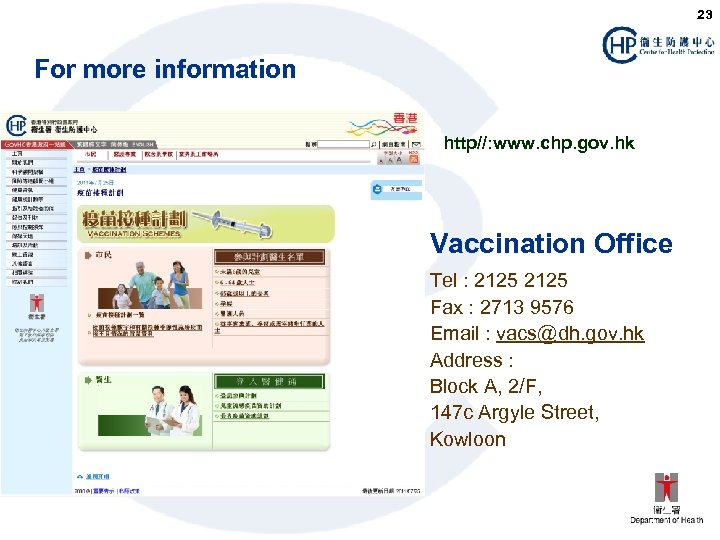 23 For more information http//: www. chp. gov. hk Vaccination Office Tel : 2125