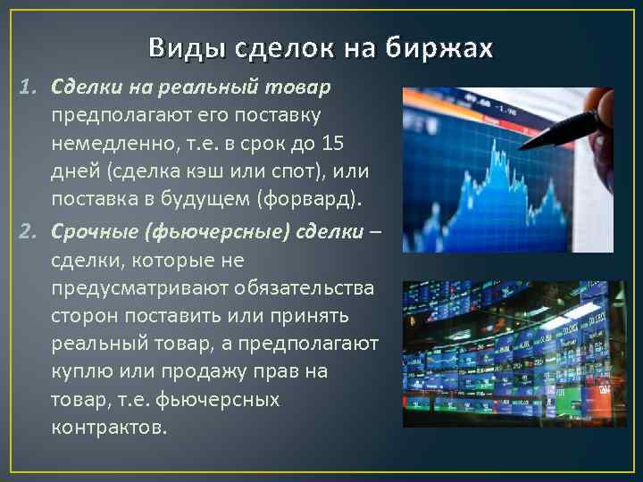 Виды сделок на биржах 1. Сделки на реальный товар предполагают его поставку немедленно, т.