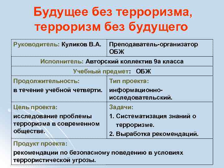 Будущее без терроризма, терроризм без будущего Руководитель: Куликов В. А. Преподаватель-организатор ОБЖ Исполнитель: Авторский