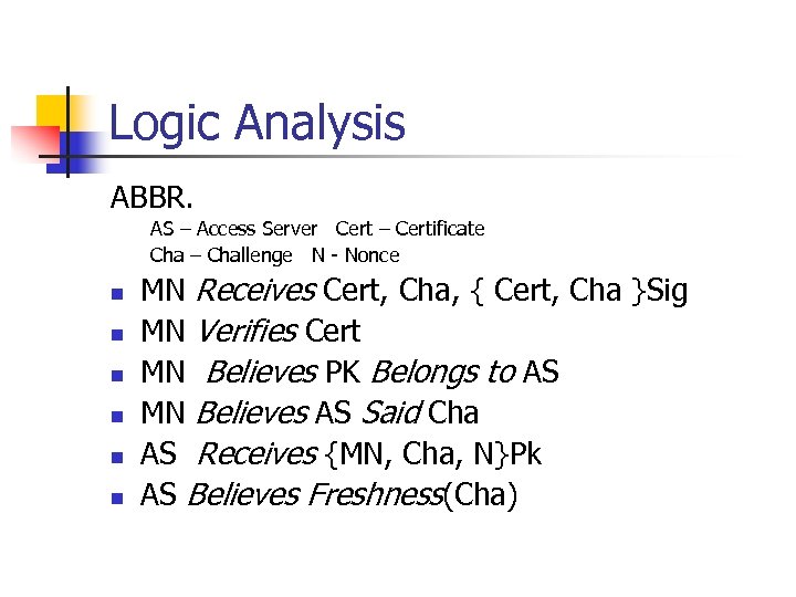 Logic Analysis ABBR. AS – Access Server Cert – Certificate Cha – Challenge N