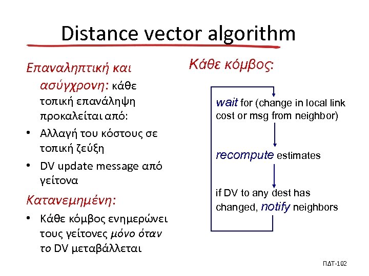 Distance vector algorithm Επαναληπτική και ασύγχρονη: κάθε τοπική επανάληψη προκαλείται από: • Αλλαγή του