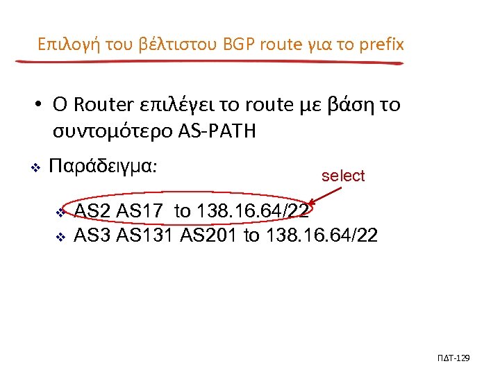 Επιλογή του βέλτιστου BGP route για το prefix • Ο Router επιλέγει το route