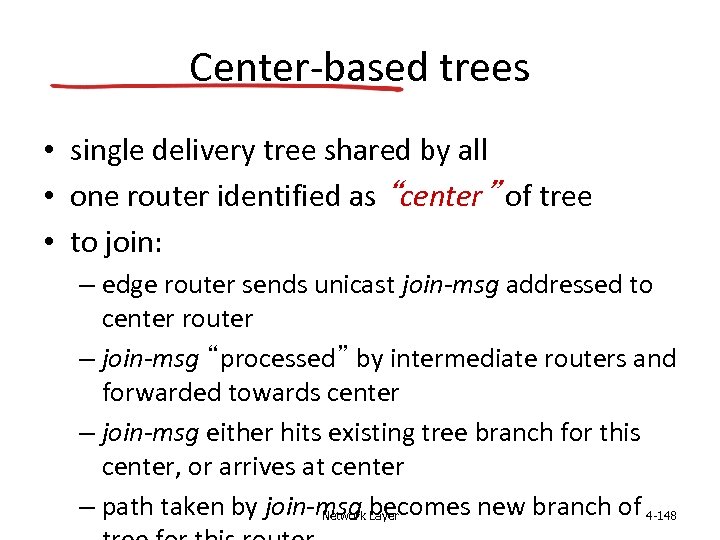 Center-based trees • single delivery tree shared by all • one router identified as