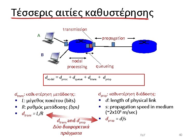Τέσσερις αιτίες καθυστέρησης transmission A propagation B nodal processing queueing dnodal = dproc +