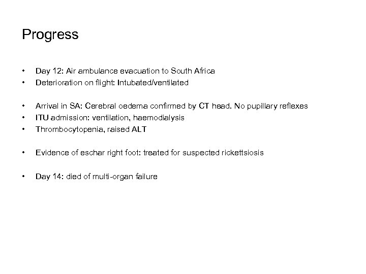 Progress • • Day 12: Air ambulance evacuation to South Africa Deterioration on flight: